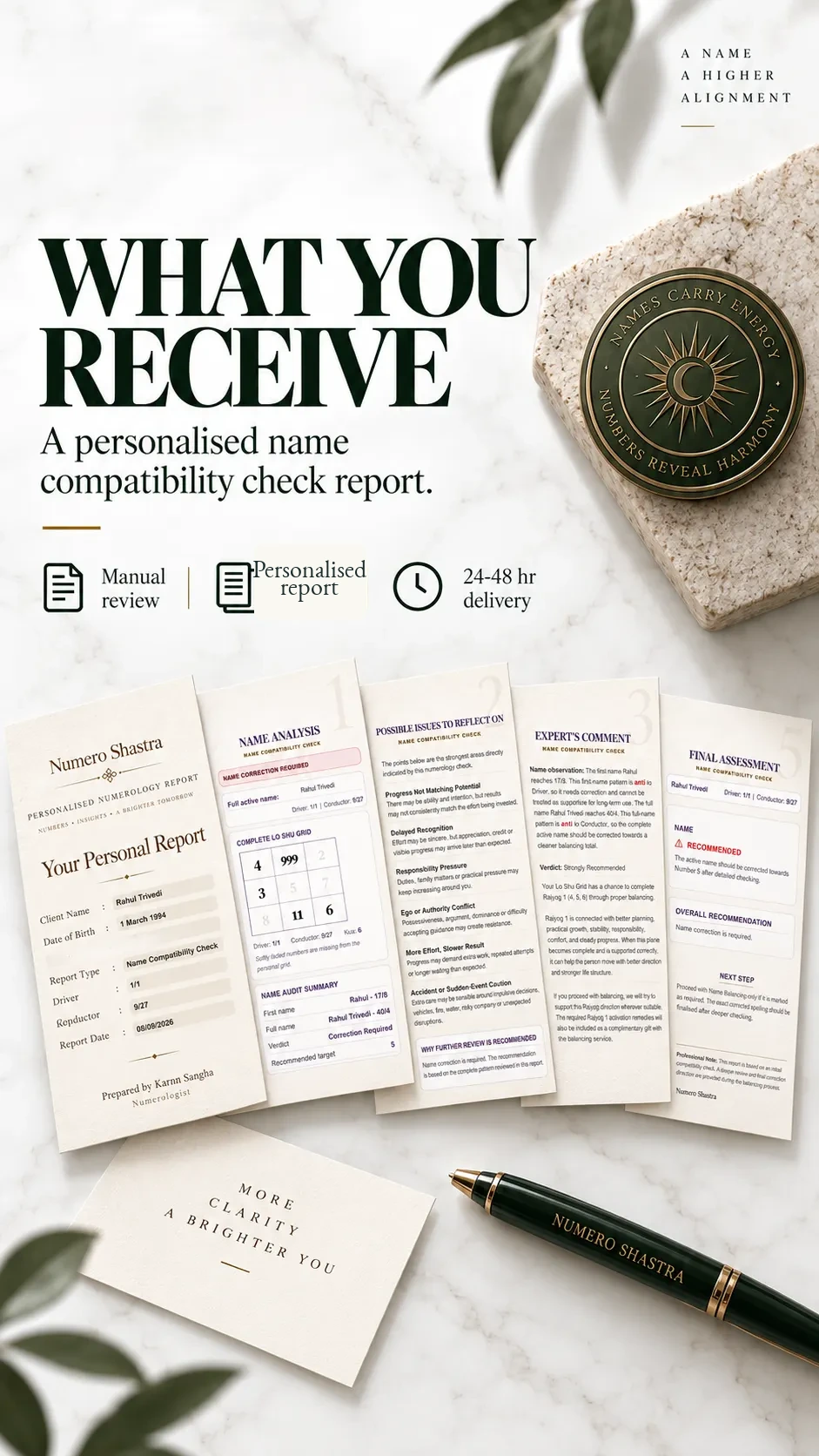 What you receive: personalised Name Compatibility Check report, manually reviewed and delivered in 24–48 hours