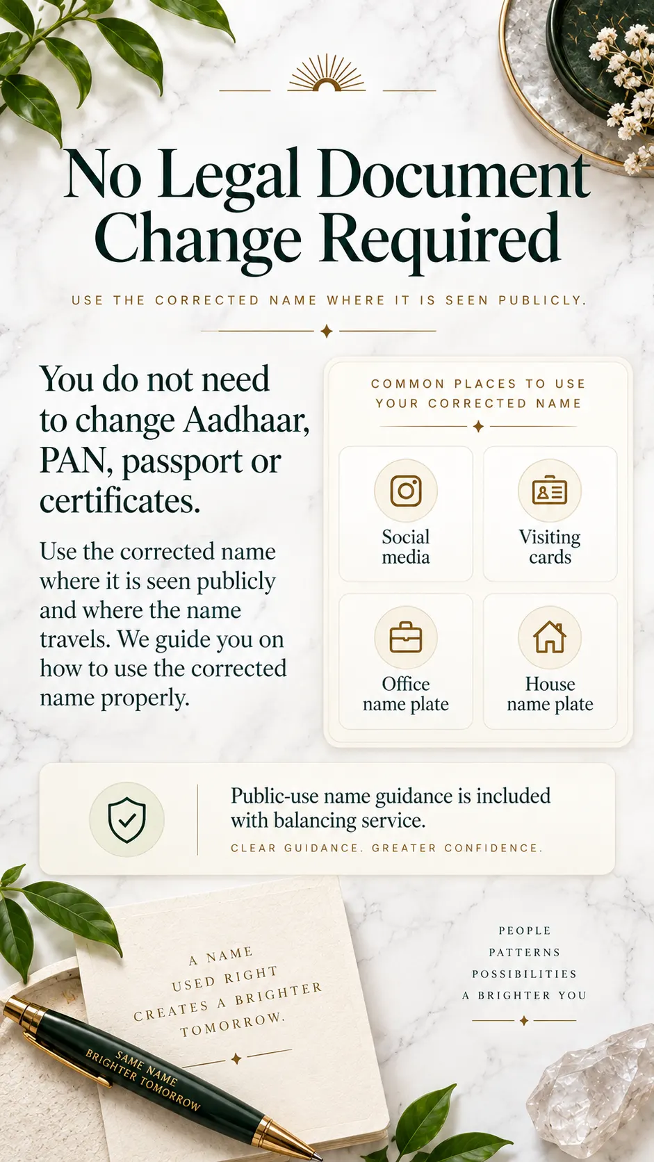 No legal document change required: use corrected name publicly without changing Aadhaar, PAN, passport or certificates