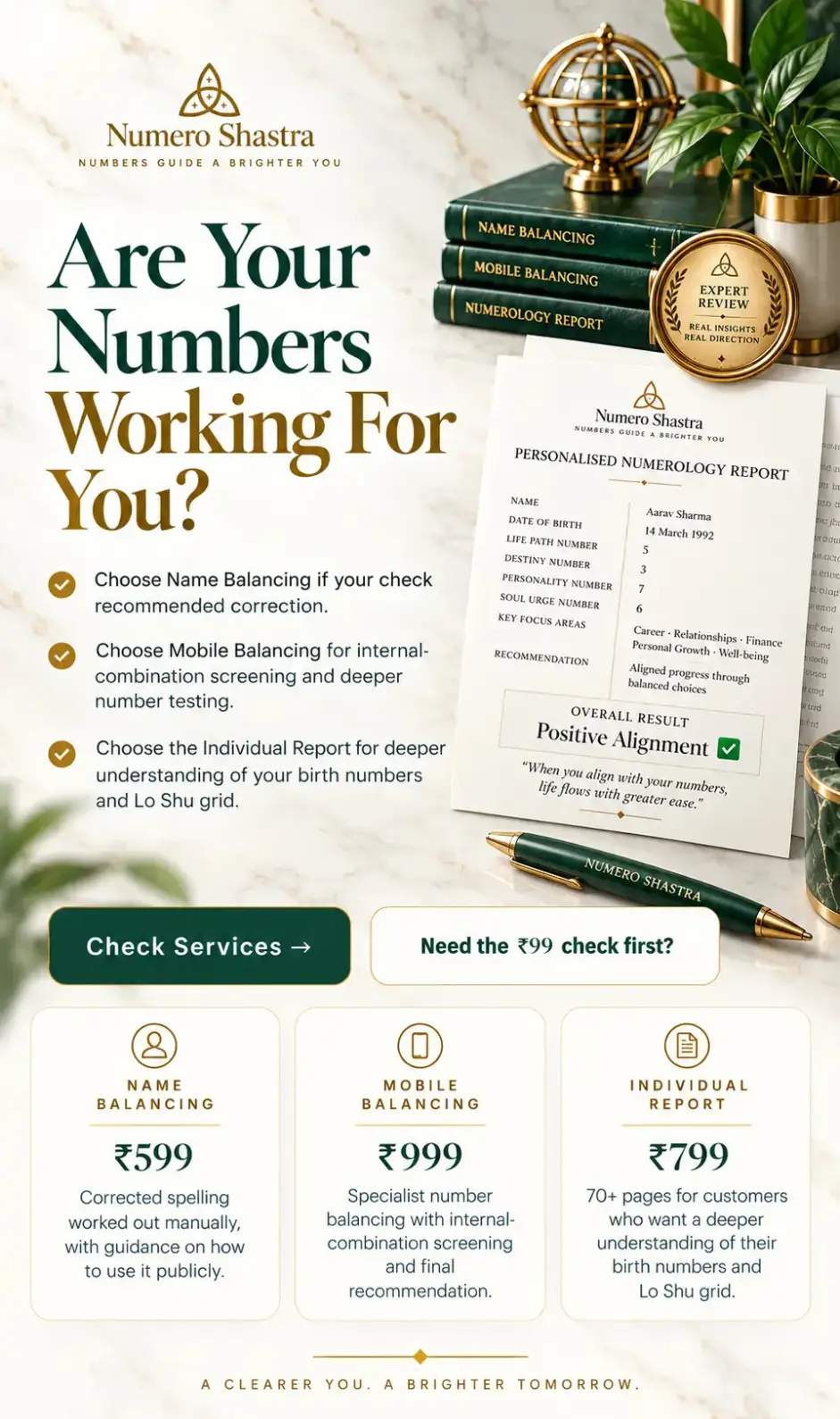 Numero Shastra service overview showing options for Name Balancing, Mobile Balancing and the Individual Report